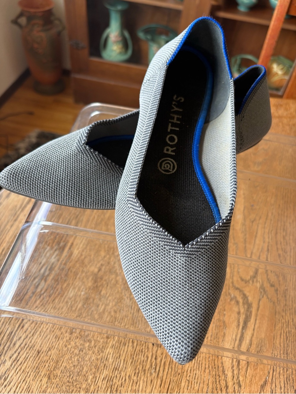 Rothy's Gray Pointed Knit Flats with Blue Trim Size 8.5